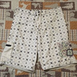 White and Black Graphic Men Swim Shorts